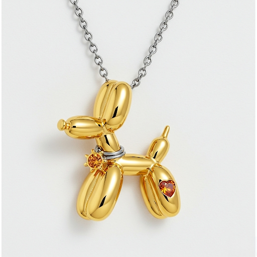 Custom Stainless Steel Balloon Dog Pendant Necklace with Heart-Shaped and Sun Zirconia Charms